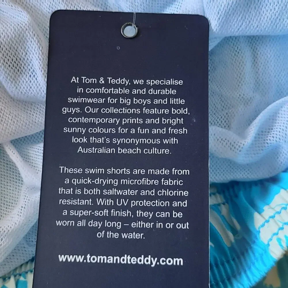 TOM & TEDDY Blue and White Elephants UPF 50+ Quick Dry Swim Shorts Size Small‎